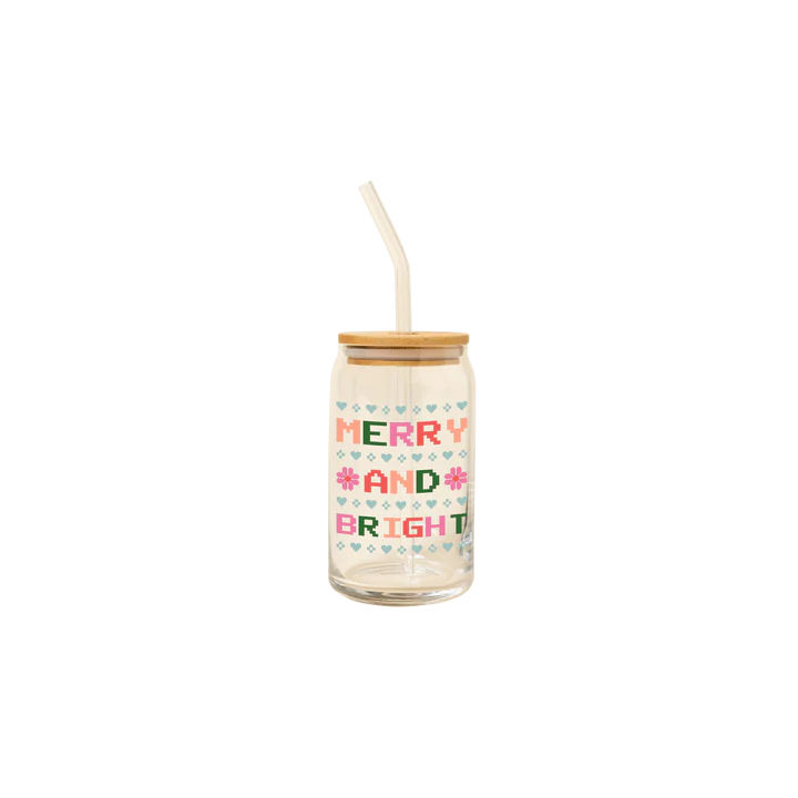 Merry and Bright Can Glass w/Lid + Straw