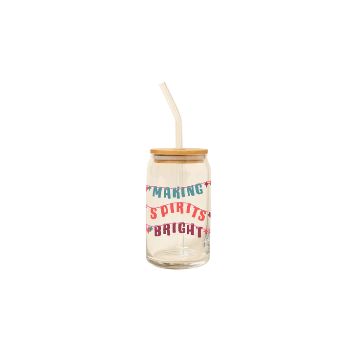 Making Spirits Bright Can Glass w/Lid + Straw