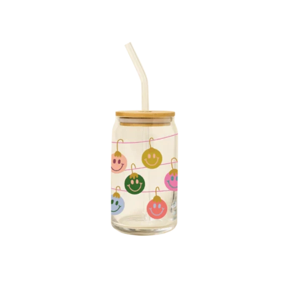Holiday Ornament Can Glass w/Lid + Straw