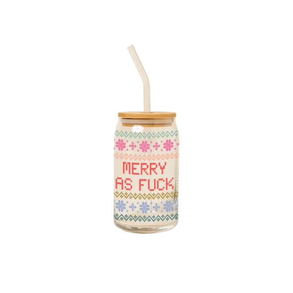 Merry as Fuck Can Glass w/Lid + Straw