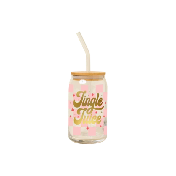 Jingle Juice Can Glass w/Lid + Straw