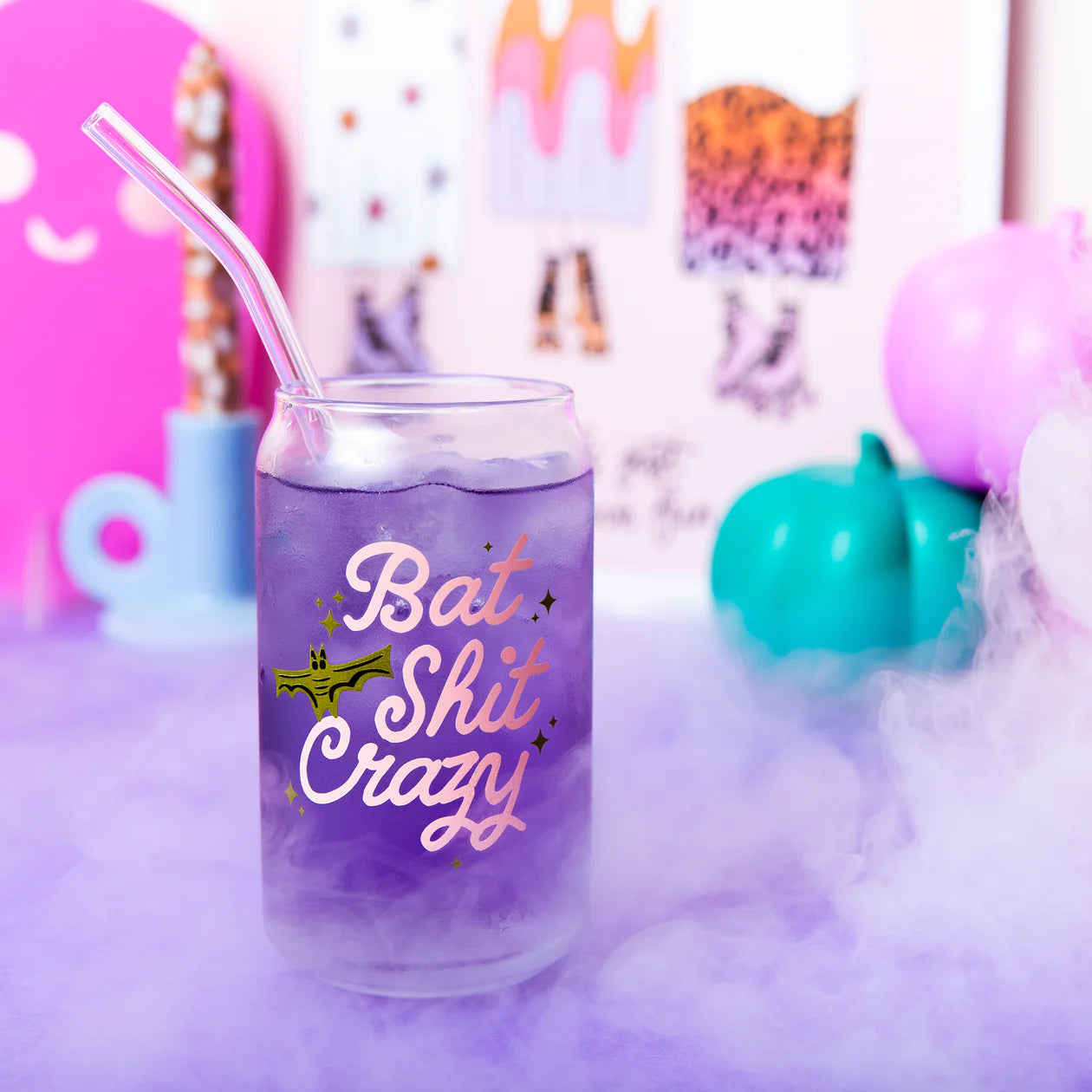 Bat Shit Crazy Can Glass with Lid + Straw