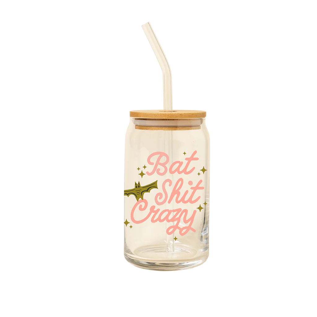 Bat Shit Crazy Can Glass with Lid + Straw