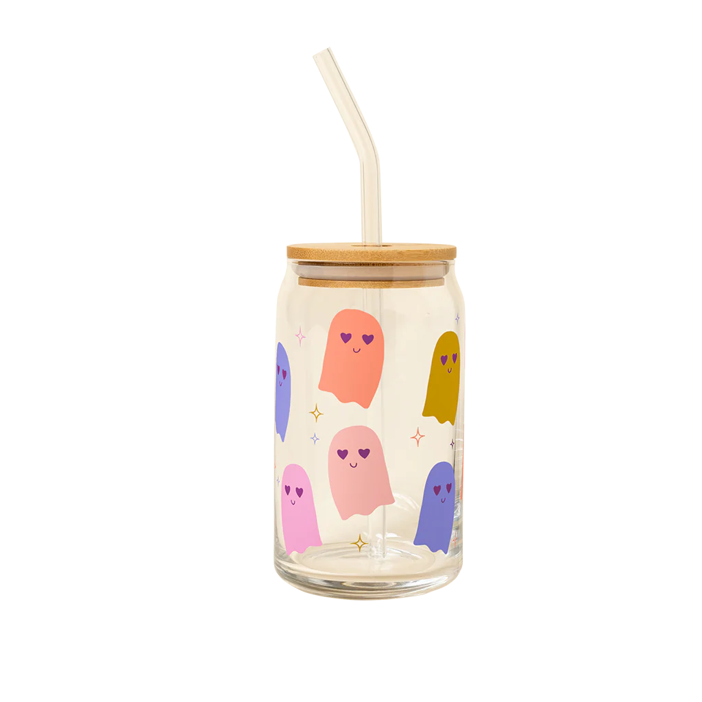 Colorful Ghosts Can Glass with Lid + Straw