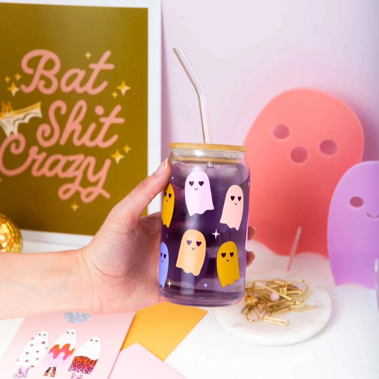Colorful Ghosts Can Glass with Lid + Straw