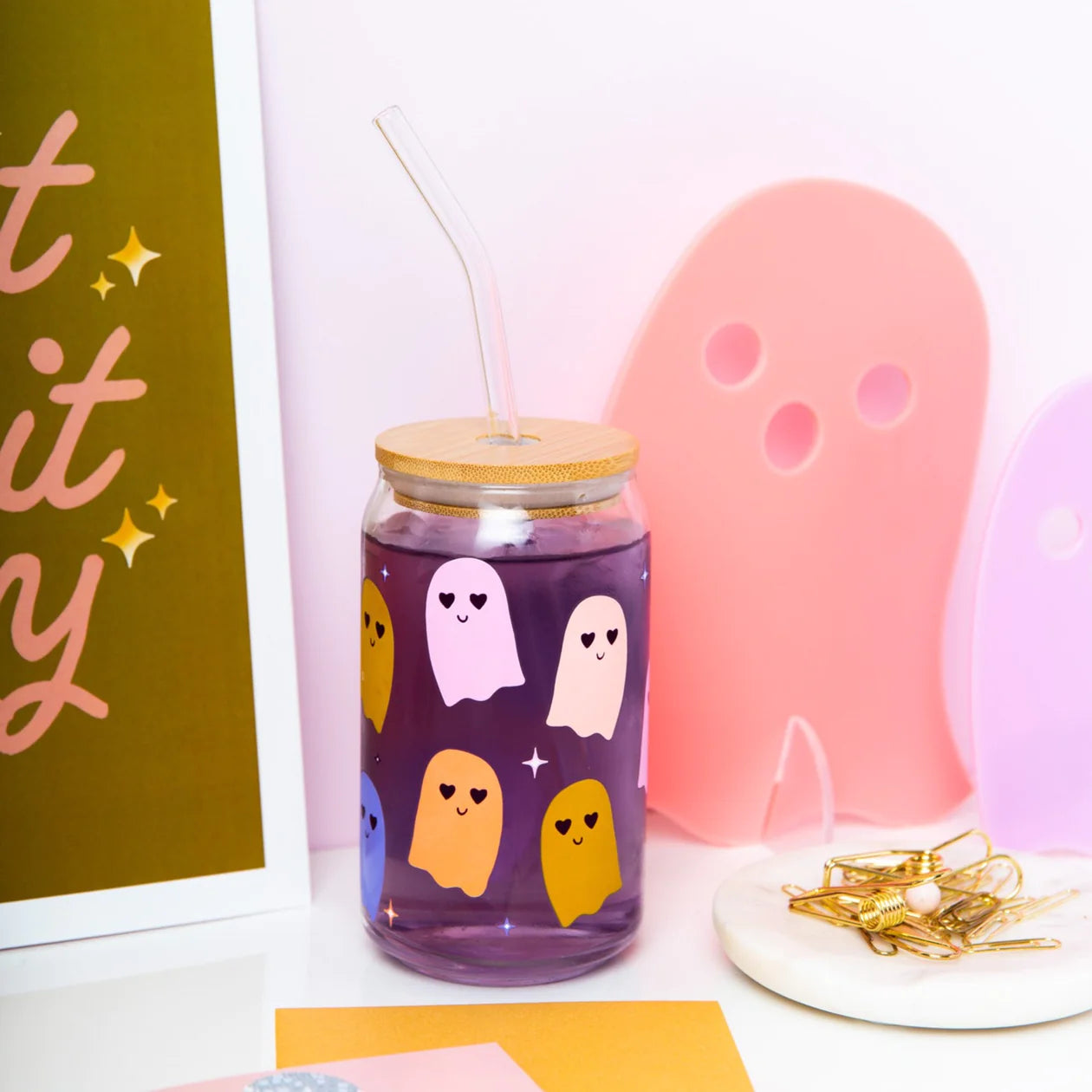 Colorful Ghosts Can Glass with Lid + Straw