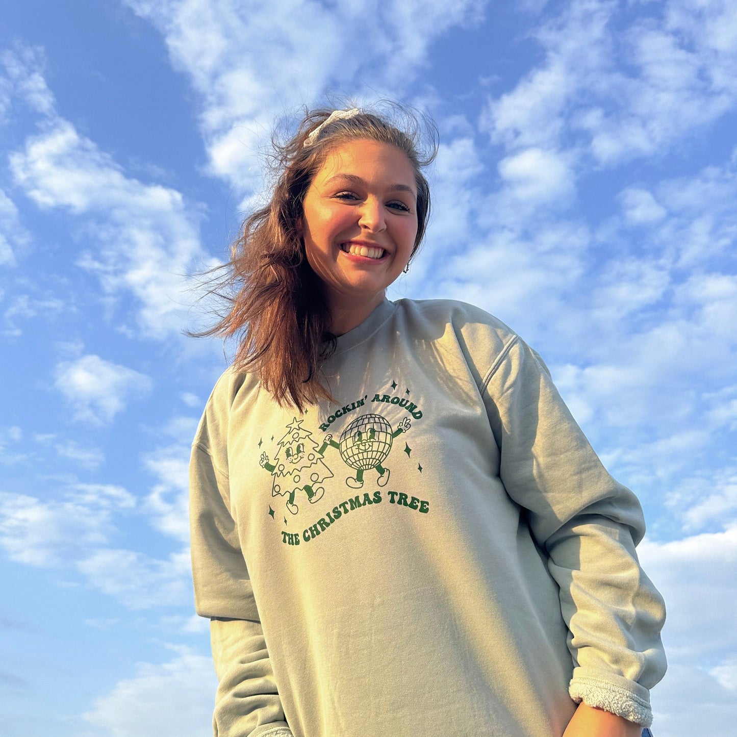 Rockin' Around The Christmas Tree Sweatshirt - Sage Pigment Dyed