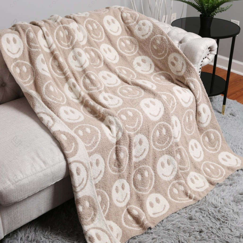 Smiley Face Throw Blanket - Beige