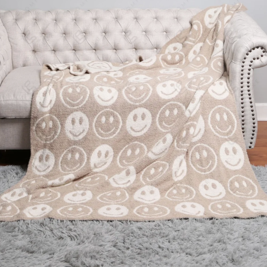 Smiley Face Throw Blanket - Beige