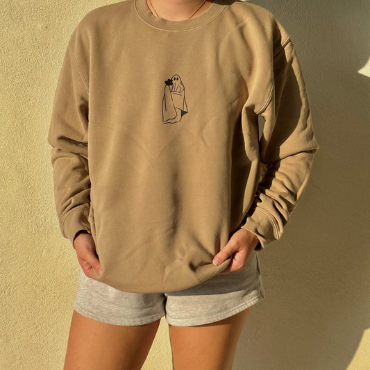 Ghost with Flowers Crewneck Sweatshirt - Sand Pigment Dyed