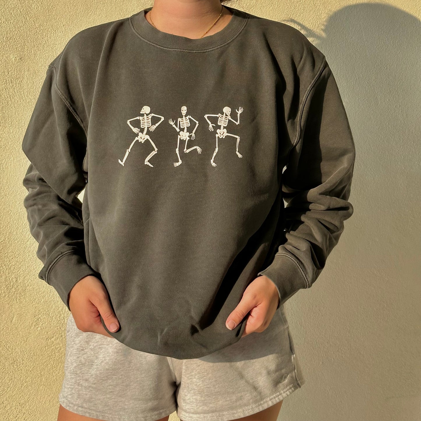 Dancing Skeletons Crewneck Sweatshirt - Dark Grey Pigment Dyed