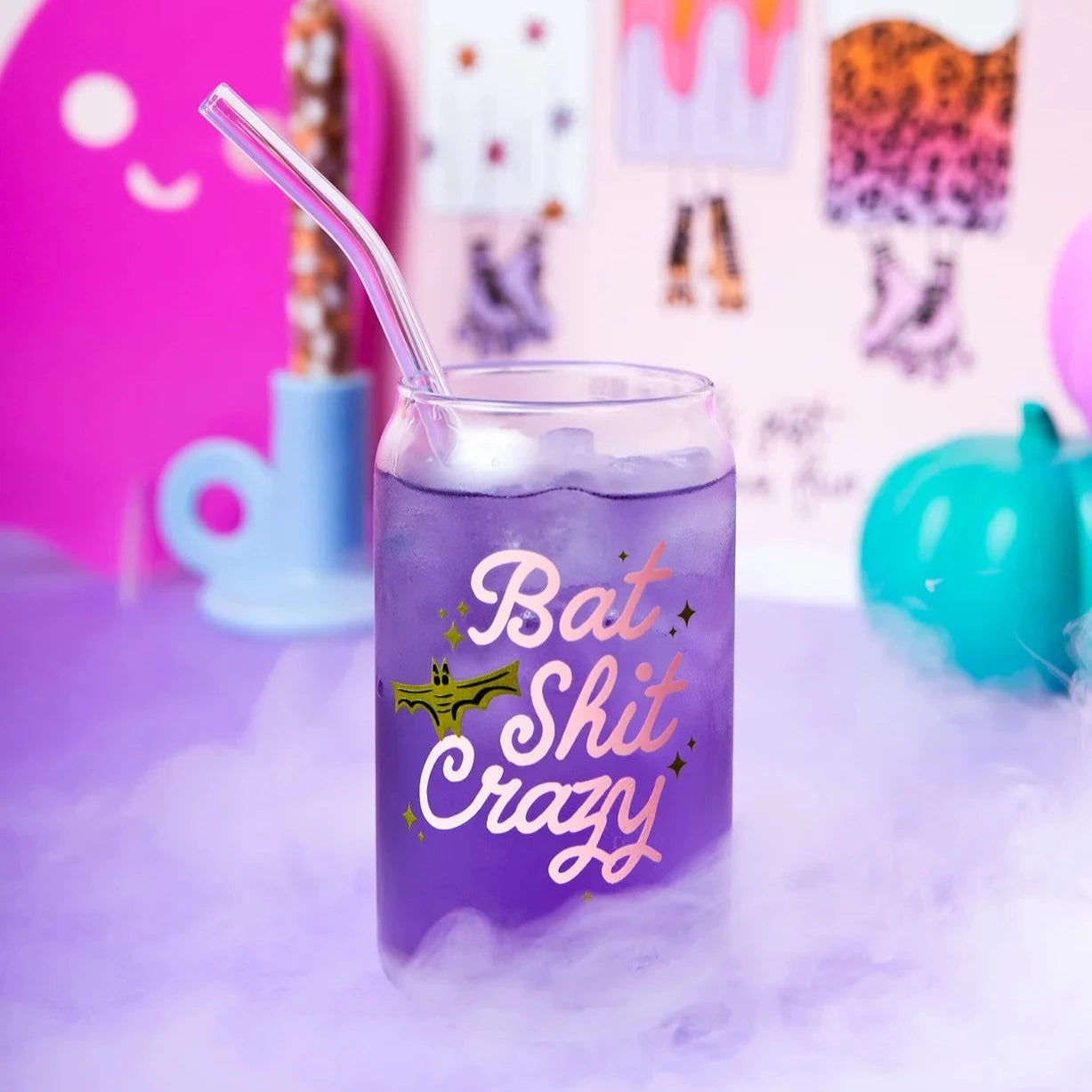 Bat Shit Crazy Can Glass with Lid + Straw