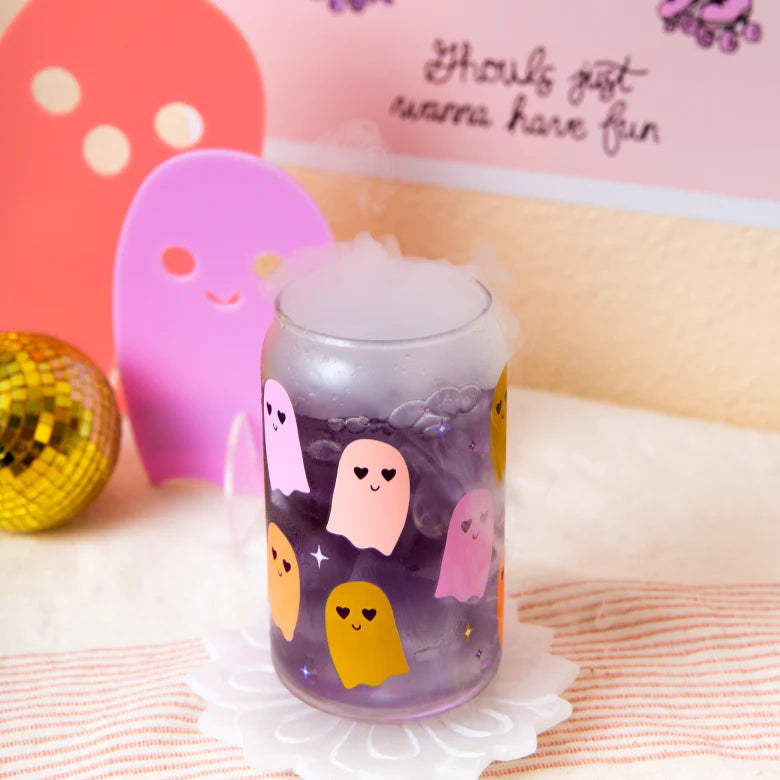 Colorful Ghosts Can Glass with Lid + Straw