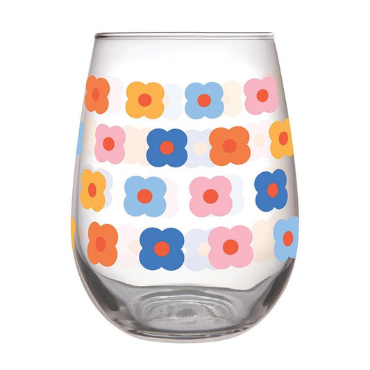 Stemless Wine Glass - Retro Flower
