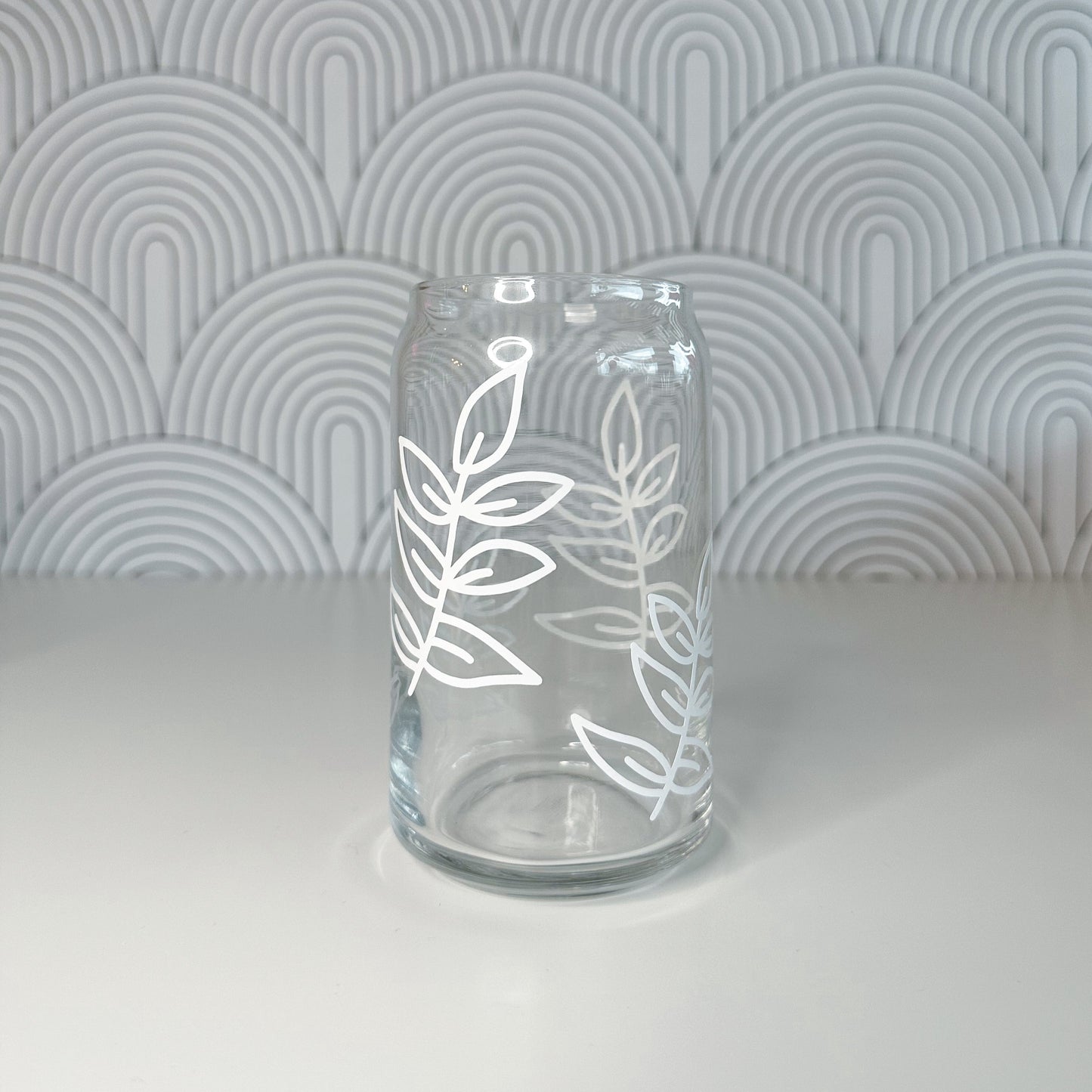 White Leaves Glass Cup